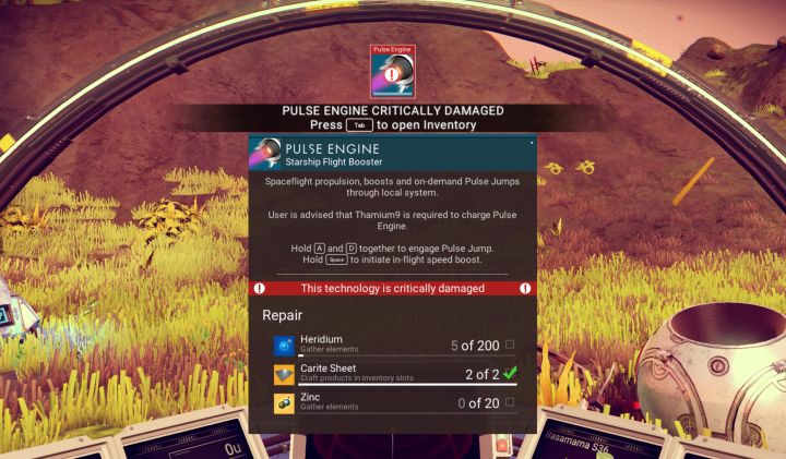 Repair and fuel the ship with thamium 9, zinc, and heridium in No Man's Sky