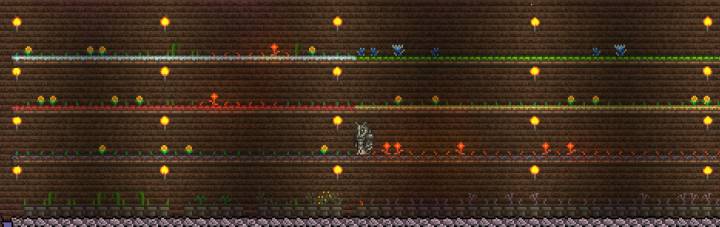 A garden in Terraria, containing fireblossom, moonglow, daybloom, shiverthorn, blinkroot, waterleaf, and deathweed.