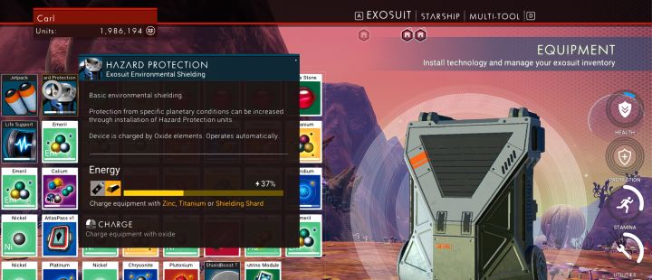 Managing exosuit equipment in No Man's Sky