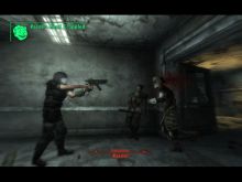 A great shot of a raider in Fallout 3 taking a hit in the head from close range.