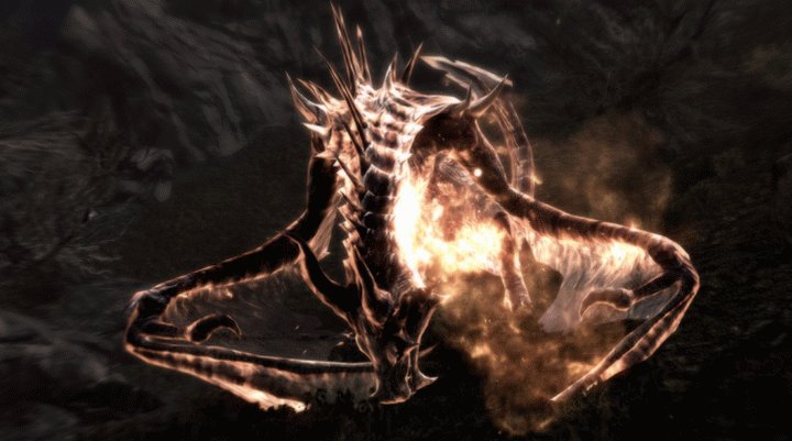 One of Skyrim's Dragons dying violently in flame