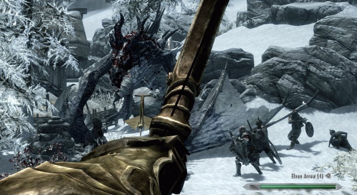 Dragões de Skyrim: Um Dragão de Gelo afundado pelos Guardas da Cidade enquanto o Arqueiro dispara