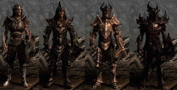 Heavy armor types in Skyrim: Steel, Orcish, Dragonplate and Daedric