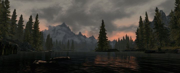 A landscape in Skyrim, with numerous graphical mods installed