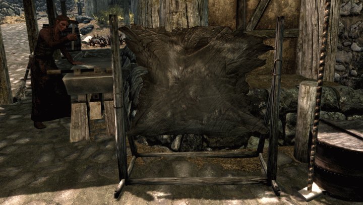 A tanning rack in Skyrim. Use this to make leather and leather strips.