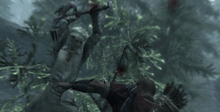 Skyrim: Chopping an enemy with a Battleaxe.