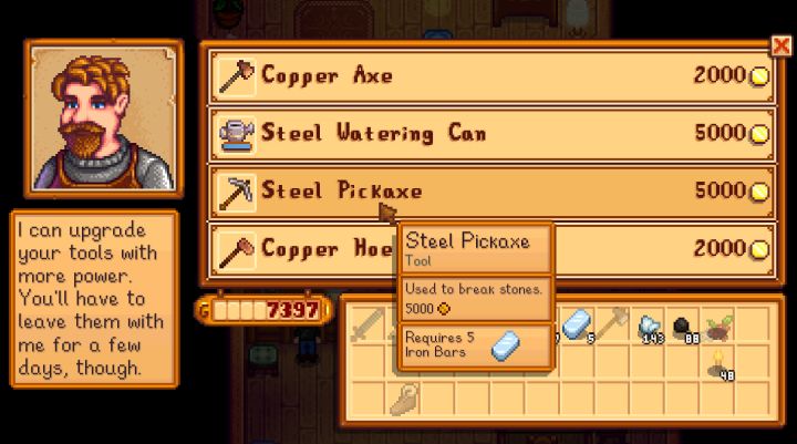 Upgrading the pickaxe tool in Stardew Valley