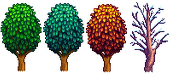 Oak tree in all four seasons of Stardew Valley