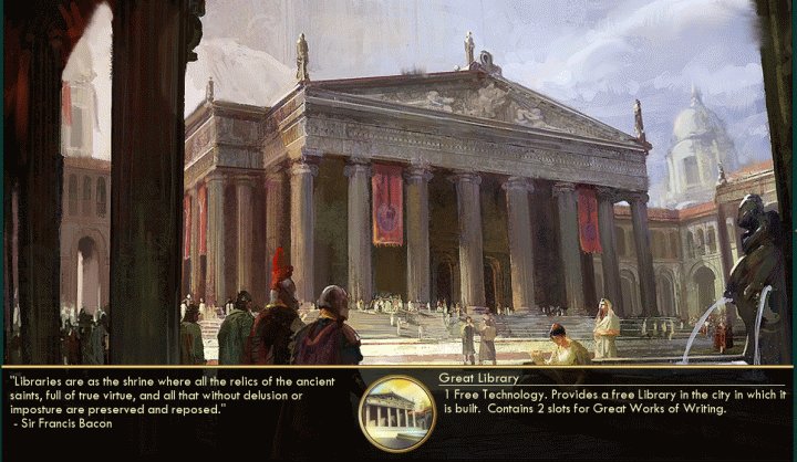 The Great Library Wonder brings two great works of writing slots to help boost your Civ's tourism